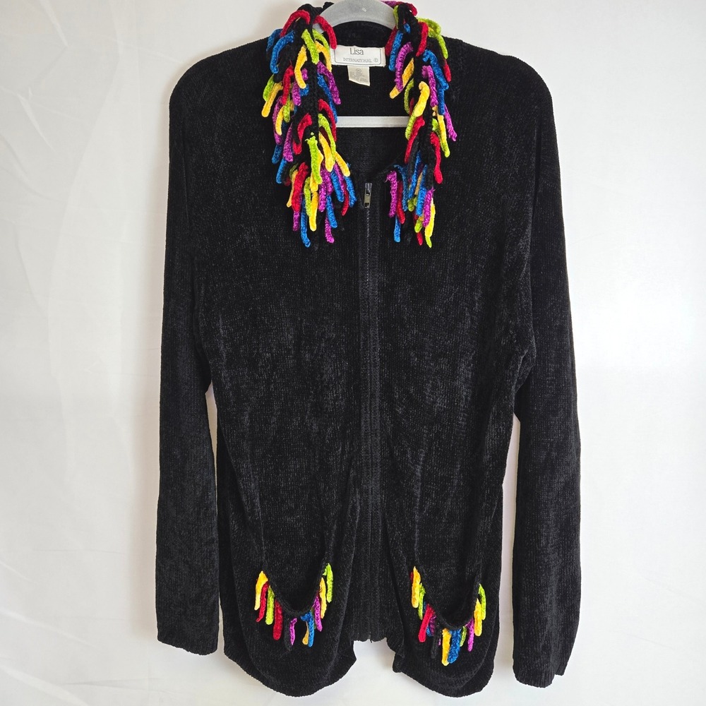 Lisa International Rainbow Fringe Full Zip Knit Cardigan, Black, Medium Vintage
